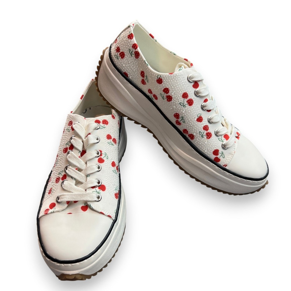 New Wild Pair Highfive Platform Sneaker Womens 7.5 White Cherry Rhinestone Fruit